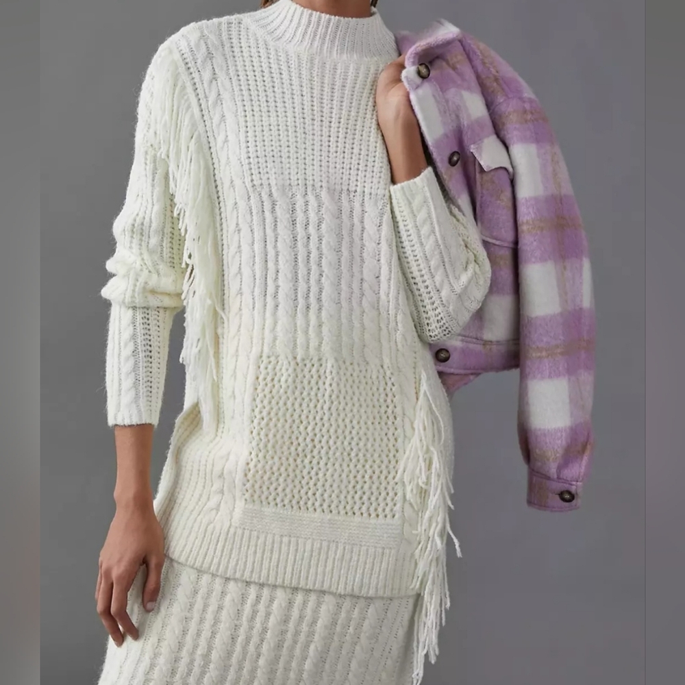 Anthropologie Line and Dot Ivory Francie Fringed Tunic Sweater Size Small